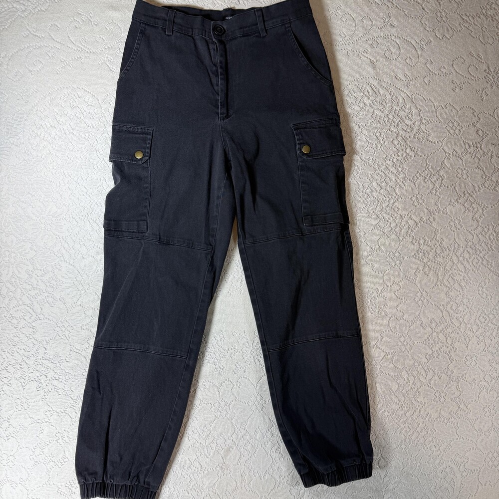 Fashion Nova Cargo Pants Womens Medium Gray Twill Tapered Elastic Cuff Pockets